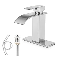 Herogo Bathroom Sink Faucet, Brushed Nickel Waterfall Stainless Steel Bathroom Faucet with Brass Pop Up Drain, Single Handle 1 Hole or 3 Holes Deck Mount Vanity RV Lavatory Faucet with 2 Water Hoses
