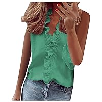 Plus Size Womens Ruffle Deep V Neck Trendy Tank Tops Summer Stand Collar Sleeveless Dressy Casual Solid T-Shirts