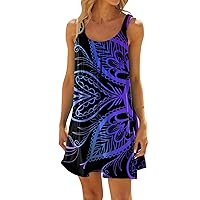 Birthday Sleeveless Sundress for Womens Summer Knee Length Beautiful Fitted Cotton Tunic Printed Crewneck Comfort Ruched Tunic Ladies Purple