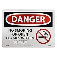 NMC D673AB DANGER - NO SMOKING WITHIN 50 FEET Sign - 14 in. x 0 in., Red/Black Text on White, Aluminum Danger Sign with Graphic