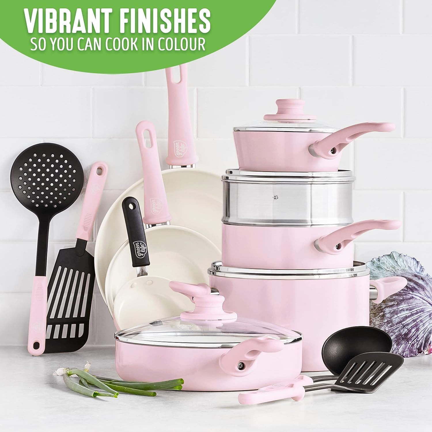 GreenLife Soft Grip Healthy Ceramic Nonstick 16 Piece Kitchen Cookware Pots and Frying Sauce Pans Set, PFAS-Free, Dishwasher Safe, Soft Pink