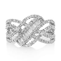 1.00 Cttw Round and Baguette Cut White Natural Diamond Swirl Engagement Wedding Ring in Sterling Silver