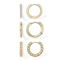 PAVOI 18K Gold Plated 925 Sterling Silver Posts 3 Pairs Small Hoop Earrings Set | Cubic Zirconia Plain Rope Huggie Hoops for Women | Lightweight Earrings Pack