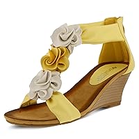 PATRIZIA Spring Step Harlequin Wedge Sandals for Womens - Ladies Sandals with Chic Flower T-Straps - Back Zipper Closure Womens Casuals Sandals