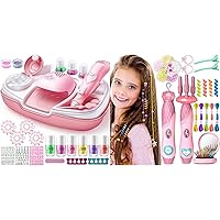 Geyiie DIY Hair Tools and Kids Nail Polish Set for Grils, Salon Makeup Set with Hair Twist, Rope Braiding Machine, Nail Dyer, Glitter Pen, Little Girls Makeup Vanity Set Toys , Party Favor Gift Toys