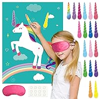 FEPITO Pin The Horn Birthday Party Game with 24 Horn Stickers Birthday Poster for Kids Birthday Girls Rainbow Party Decoration Home Wall Decorations Backdrop