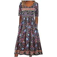 Boho Dresses for Women 2024 Casual Floral Printed Round Neck Summer Dress Flowy Short Sleeve Beach Dress with Pocket