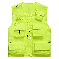 Flygo Men's Casual Lightweight Outdoor Fishing Work Safari Travel Photo Cargo Vest Jacket Multi Pockets(XX-Large, Fluorescent Yellow)