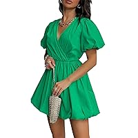 PRETTYGARDEN Women's Short Summer Dresses Casual Puffy Sleeve Wrap V Neck Ruffle Solid Color Flare Dress