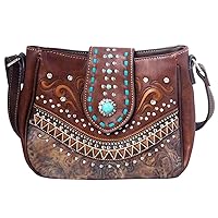 Texas West Western Tooled Leather Concho Buckle Laser Cut Embroidered Rhinestone Concealed Crossbody Messenger Bag