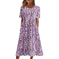 Shift Loungewear Short Sleeve Dresses Women Modern Summers Print Fitted Tunic Dress Ladies Cotton Crew Neck Purple L
