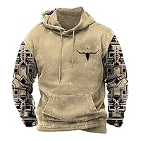 Western Aztec Hoodie for Men Cowboy Bull Skull Print Hooded Sweatshirt Men's Fashion Country Ethnic Oversized Pullover Shirts with Pocket Khaki Large