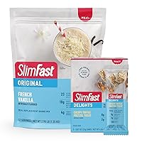 Bundle of SlimFast Original Meal Replacement Powder French Vanilla, Shake Mix, 52 Servings + SlimFast Delights Crispy Toffee Pretzel Treat, 5 Count
