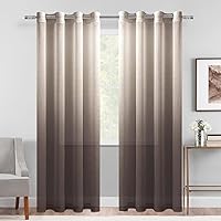DWCN Faux Linen Ombre Sheer Curtains - Gradient Semi Voile Grommet Top Window Curtains for Bedroom and Living Room, Set of 2 Panels, 52 x 84 Inches Long, Chocolate Brown