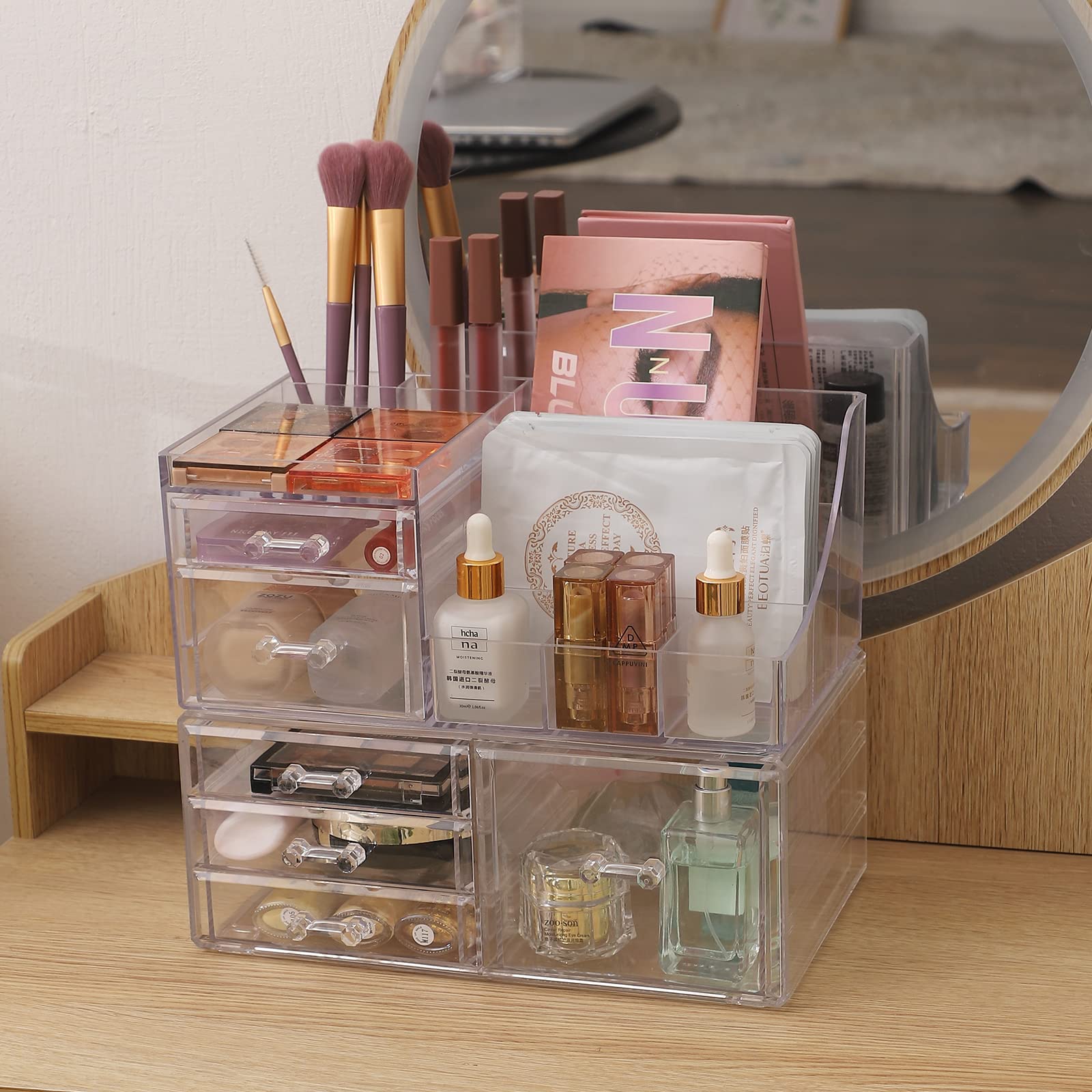 Clear Makeup Organizer and Storage For Vanity,Large Acrylic Cosmetics Display Cases with Stackable Drawers For Bathroom Counter Dresser Brushes Lipsticks Skin Care Beauty Skincare Product Organizing