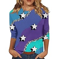 4Th of July Shirts Women, Y2K Shirt Cute Summer Tops for Women Three Quarter Sleeve Tshirt Womens Fashion Round Neck Tops Loose Summer Independence Day Print Shirt Trendy Tunic (Royal Blue,XX-Large)