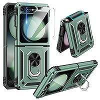 Goton for Samsung Galaxy Z Flip 5 Case with Screen Protector [Hinge Protection], Samsung Flip 5 Shockproof Phone Case, Rugged Heavy Duty Cover with Kickstand Ring for Z Flip5 Accessories Green
