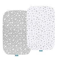 Bassinet Sheets Compatible with Jimglo 3 in 1 Baby Bassinet and HARPPA Baby Bassinet Bedside Sleeper, 2 Pack, 100% Cotton Bassinet Sheet, Breathable and Heavenly Soft, Grey and White Print for Baby