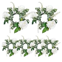 6Pcs Candle Ring Wreaths, Artificial Rose Floral Candle Rings Christmas Candle Ring Fake Roses Flowers Wedding Centerpieces for Festival Dining Table Decor, White