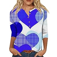 Blouses for Women,Going Out Top Women's Fashion Valentine's Day Printed Seven-Point Sleeve Round Neck Button Top Graphic Tees for Women Boho Tops Maroon Blouse Long Sleeve Hippie (3-Blue,XXL)