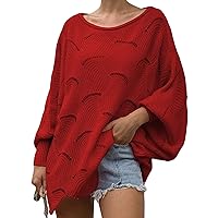 Women's Pullover Batwing Sleeve Casual Oversized Stripe Pullover Jumper Tops Loose Long Sleeve Hollow Knit Sweaters