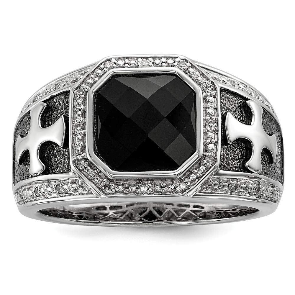 925 Sterling Silver Bezel Polished Prong set Diamond and Simulated Onyx Black Rhodium Plated Religious Faith Cross Mens Ring Measures 13mm Wide Jewelry Gifts for Men - Ring Size Options: 10 11 9