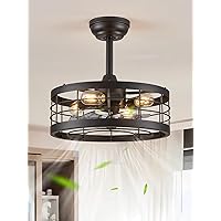 LEDIARY 16.5 inch Black Caged Ceiling Fan with Light, Bladeless Industrial Ceiling Fan with Remote, Farmhouse Fan Lights Ceiling Fixtures for Kitchen, Bedroom（6 Speed, Timing）-Black