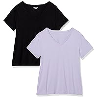 Amazon Essentials Women's Classic-Fit Short-Sleeve V-Neck T-Shirt, Pack of 2, Black/Lavender, 6X