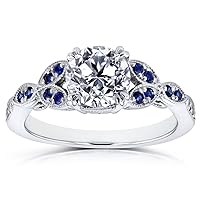 Kobelli Antique Style Round Diamond and Blue Sapphire Engagement Ring 1 1/5 CTW in 14k White Gold