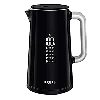 Krups Smart Temp Plastic and Stainless Steel Electric Kettle 1.7 Liter 5 Temperatures, Safe, Real Time Temperature Display 1500 Watts Digital Control, Fast Boiling, Auto Off, Keep Warm, Cordless Black