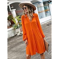 Women's Dress Solid Button Front Smock Dress (Color : Orange, Size : Small)