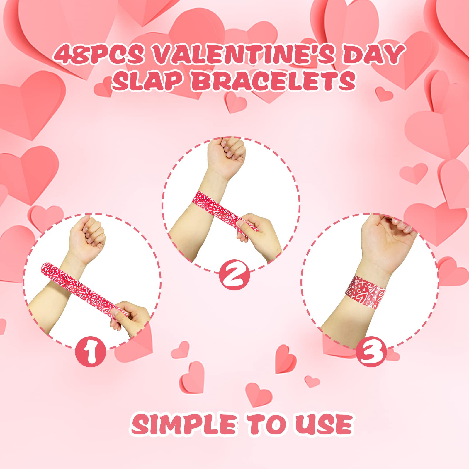 AOYOO 48PCS Valentine's Day Slap Bracelets, Valentines Day Party Favors Colorful Slap Wristbands Valentines Gifts for Kids, Valentines Gifts for Class, 12 Styles