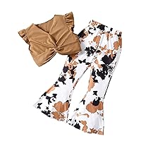 Floerns Girl's 2 Piece Outfit Twist Front V Neck Tee Shirt Flare Leg Pants Set