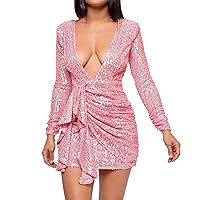 Women's Sequin Sparkly Glitter Party Club Dress Long Sleeve One Shoulder Wrap Cocktail Bodycon Dress Graduation Summer