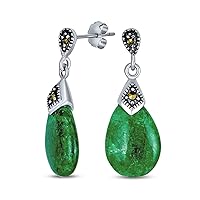 Boho Bali Marcasite Accent Pear Shaped Gemstone Chandelier Dangle Teardrop Genuine Green Jade Drop Earrings For Women Two Tone Oxidized .925 Sterling Silver