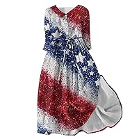 Plus Size American Flag A-Line Dress Women 4th of July Henley Shirt Dress Summer 3/4 Sleeve Patriotic Beach Dresses
