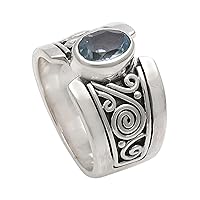 NOVICA Artisan Handmade Blue Topaz Single Stone Ring .925 Sterling Silver Wide with Indonesia Serenity Birthstone 'Blue Karma'