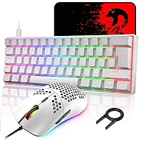 UK Layout 60% Percent Mechanical Keyboard 62 Key Wired USB C Light up RGB Backlit Gaming Keyboard + 6400 DPI Ultra-Light Gaming Mouse + Large Mice Pad, Compatible With PS4,Xbox,PC - White/Blue Switch