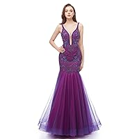 Elinadress Women V-Neck Mermaid Prom Dresses Beaded Long Maxi Dresses Embroidery Tulle Evening Gowns