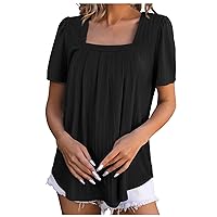 Today Deals Loose Fit Square Neck T Shirt Ladies Hide Belly Pleated Tops Summer Fashion Plain Tee Flowy Puff Sleeve Blouses Summer Crop Tops For