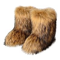 Fluffy Boots for Women Faux Fur Snow Boots Winter Warm Furry Plush Mid-Calf Boots Outdoor Indoor Booties Flat Shoes