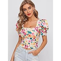 Puff Sleeve Allover Floral Print Top (Color : Multicolor, Size : Small)