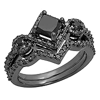2.10 ctw Princess & Round Black Diamond Chevron Wedding Ring Set for Women in Black Plated Sterling Silver
