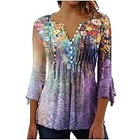 Tops for Women 2023 Dressy Casual Fashion Floral Print Tunic Shirts 3/4 Sleeve Bell Sleeve Button v Neck Blouses