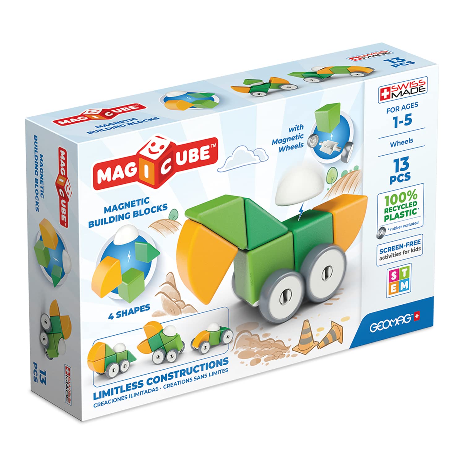 GEOMAG Swiss-Made MagiCube 13-Piece Magnetic Shapes & Wheels Building Set, Cars & Characters, Blocks for Toddlers & Kids Ages 1-5, STEM Montessori Educational Toy, Creativity, Imagination, Learning