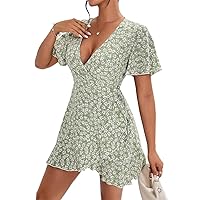 Women's Dress Floral Print Butterfly Sleeve Wrap Dress with Ruffle Trim and Knot Side Detail Dress IPADSA