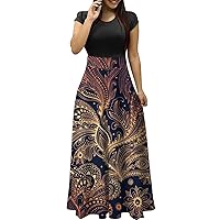 Dresses for Women 2024 Elegant, Beach Dresses for Women Baby Blue Dress for Women Short Sleeve Dress Womens Dressy Ethnic Printed Trendy Large Size Maxi Ladies Round Neck Floral