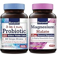 Probiotics 120 Billion & Magnesium Malate Bundle for Men and Women, Digestion, Immunity, Energy & Relaxation, Probiotic Capsules 30ct & Magnesium Capsules 90ct
