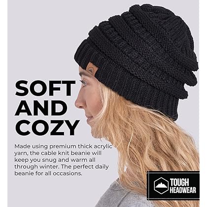 Tough Headwear Womens Beanie Winter Hat - Warm Chunky Cable Knit Hats - Soft Stretch Thick Cute Knitted Cap for Cold Weather