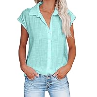 Shirts for Women Summer Breathable Comfy Cotton Linen Short Sleeve Loose Fit Button Down Lapel Solid Color Blouse Tops